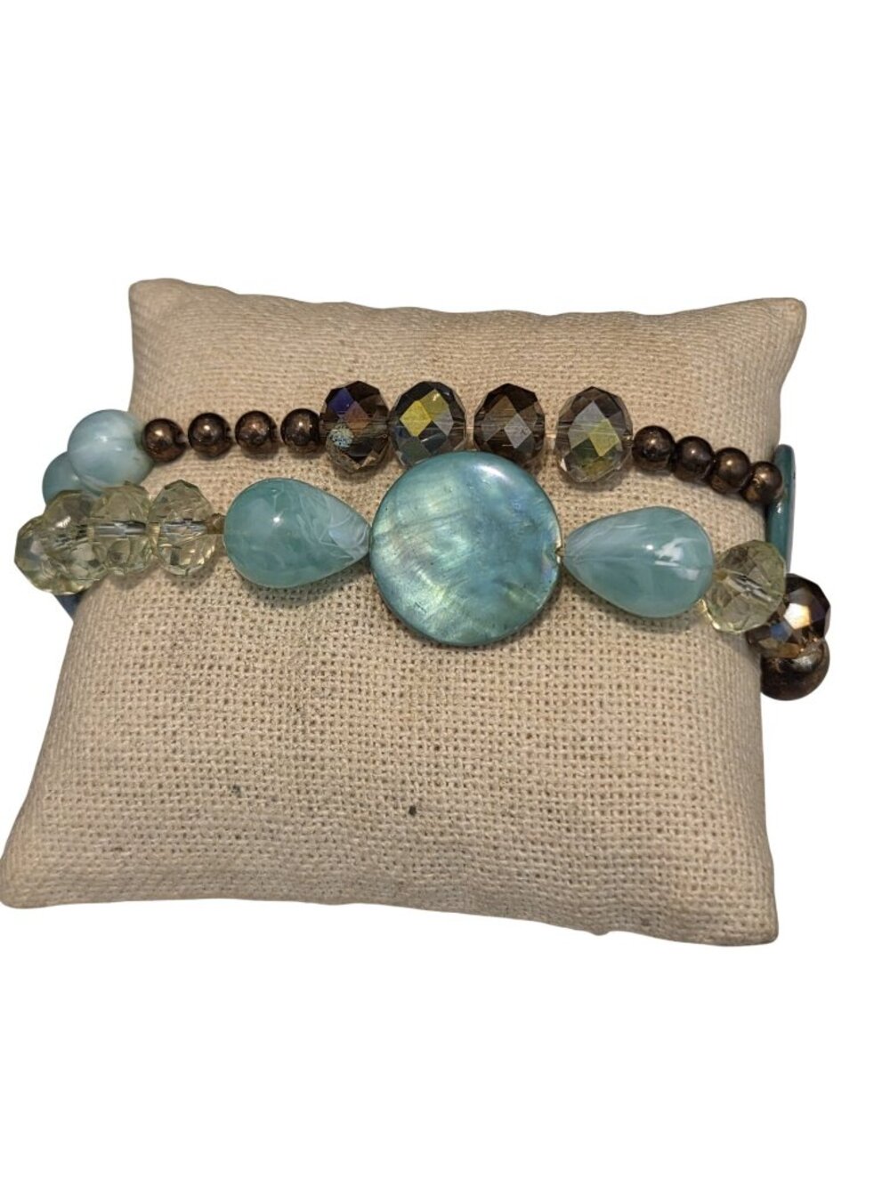 Teal Mother Of Pearl & Acrylic Beaded Stretch Bracelet Set